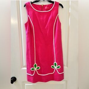 Lilly Pulitzer Hot Pink Sleeveless Shift Dress with White Trim and Green Accents